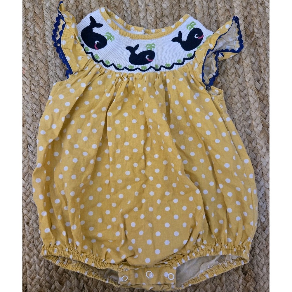 Smocked Whale Polka Dot Bubble Romper Yellow Cotton Nautical Sunsuit Kids